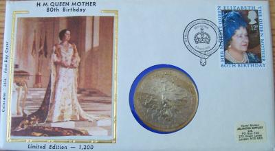 1980 Queen Mother 80th Birthday First Day Cover & One Crown coin (ltd. edit. 1200)