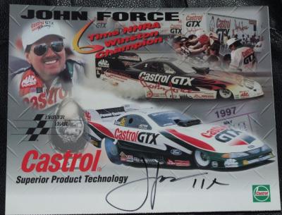 John Force autographed 1997 Castrol GTX 8x10 photo card inscribed 11X