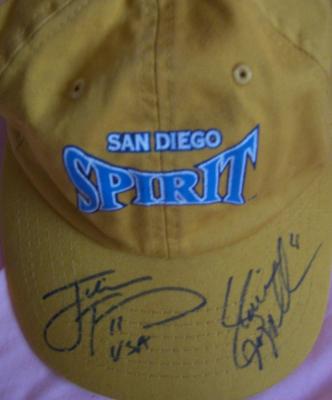 Julie Foudy & Shannon MacMillan autographed WUSA San Diego Spirit cap