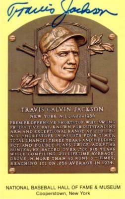 Travis Jackson autographed Baseball Hall of Fame plaque postcard