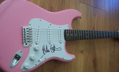 Melissa Etheridge autographed pink Fender Bullet electric guitar