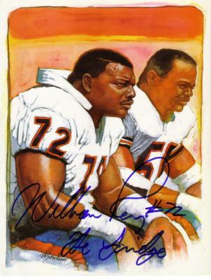 William Perry autographed Chicago Bears 8 1/2 by 11 color artwork print  inscribed The Fridge