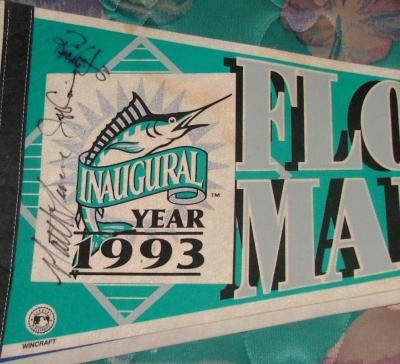 Jeff Conine Richie Lewis Matt Turner autographed 1993 Florida Marlins pennant