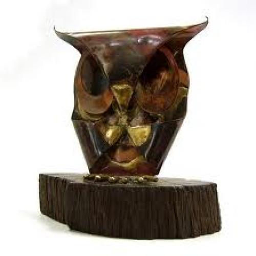 VINTAGE 1970's Small Copper Metal Horned Owl Sculpture on Wood, ... 