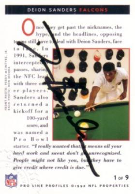 Deion Sanders certified autograph Atlanta Falcons 1992 Pro Line card