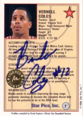 Bimbo Coles certified autograph Virginia Tech 1990 Star Pics card