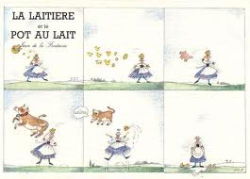French cartoon postcard of MM in six panels. Monique Touvay, Les Quatre