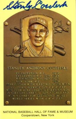 Stanley Coveleski autographed Baseball Hall of Fame plaque postcard